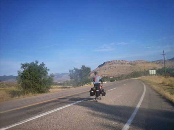 Dale riding ahead of Doug on US Highway 287