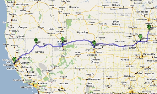 Our 2008 Vacation Route, return trip
