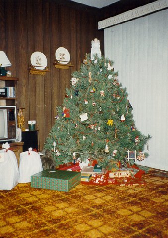 Christmas 1992 Family Room with dark brick on the fireplace
