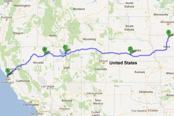 Our cross country route to Iowa